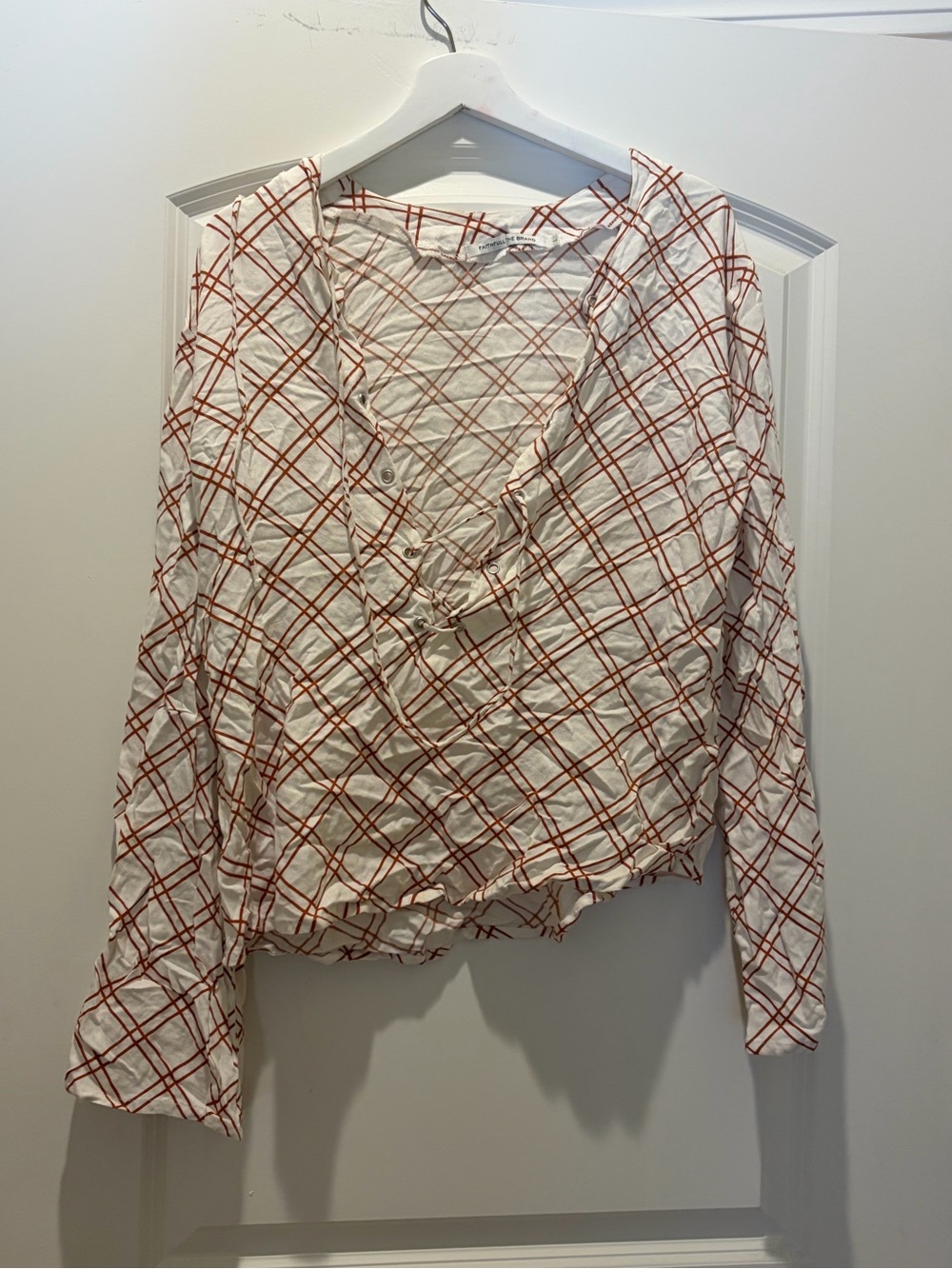 Faithfull the Brand Cream & Rust Plaid V-Neck Long Sleeve Top-worn once!